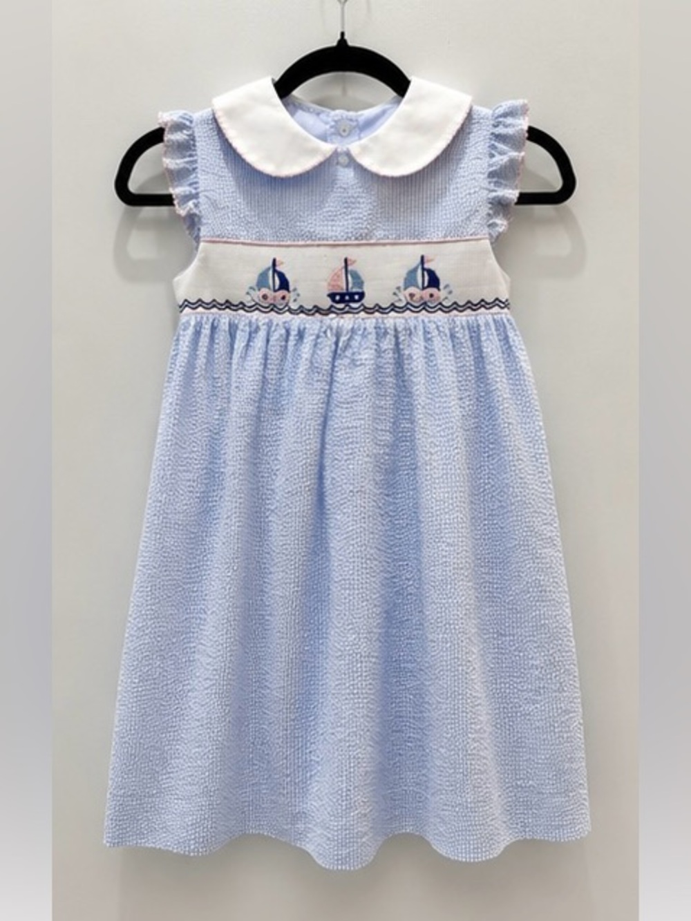 Southern Smocked Co Blue Seersucker Sailboat Smocked Dress Girls Size 7